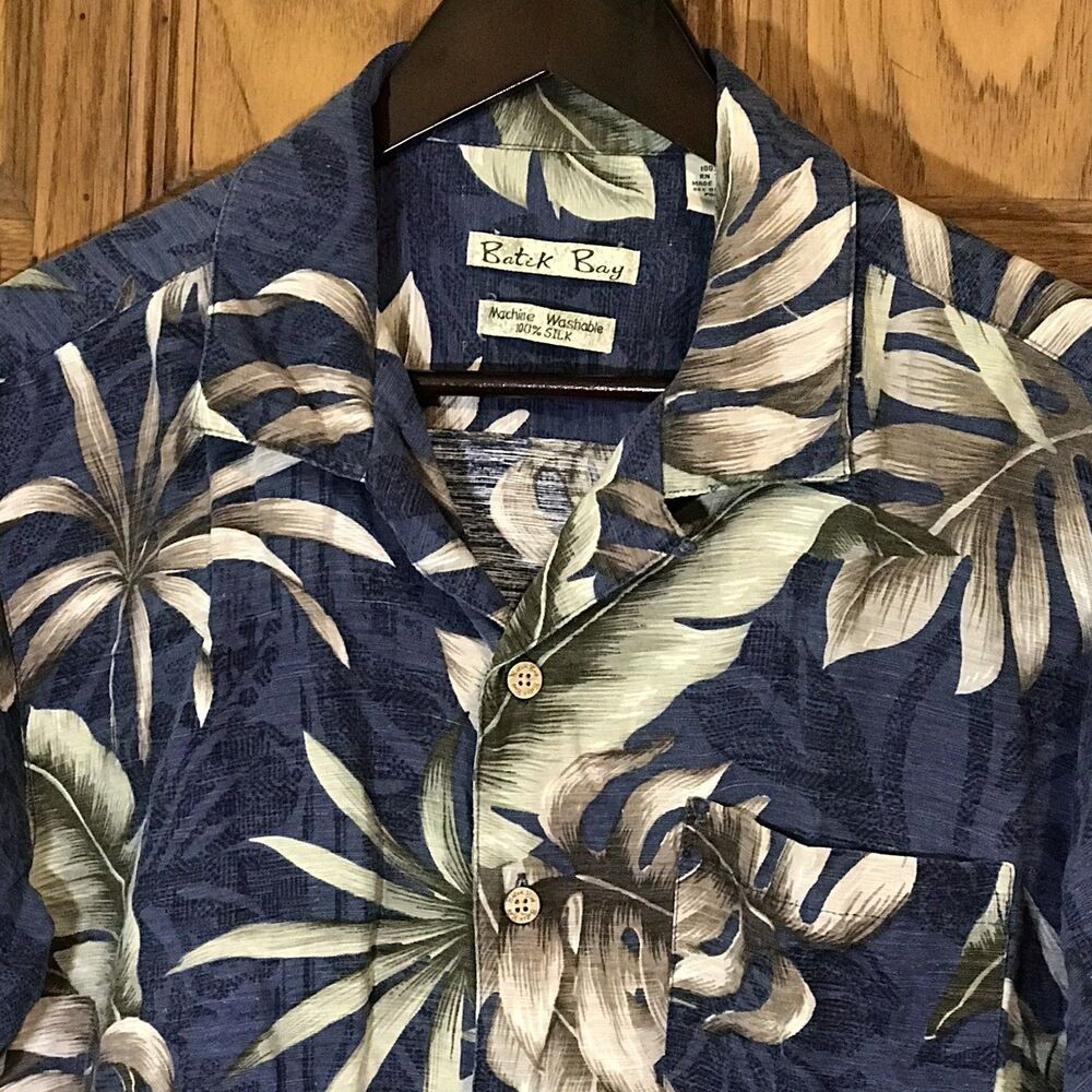 Vtg. Batik Bay 100% Silk Hawaiian Shirt Men's M Blue Tan SS Top Loop Button Up